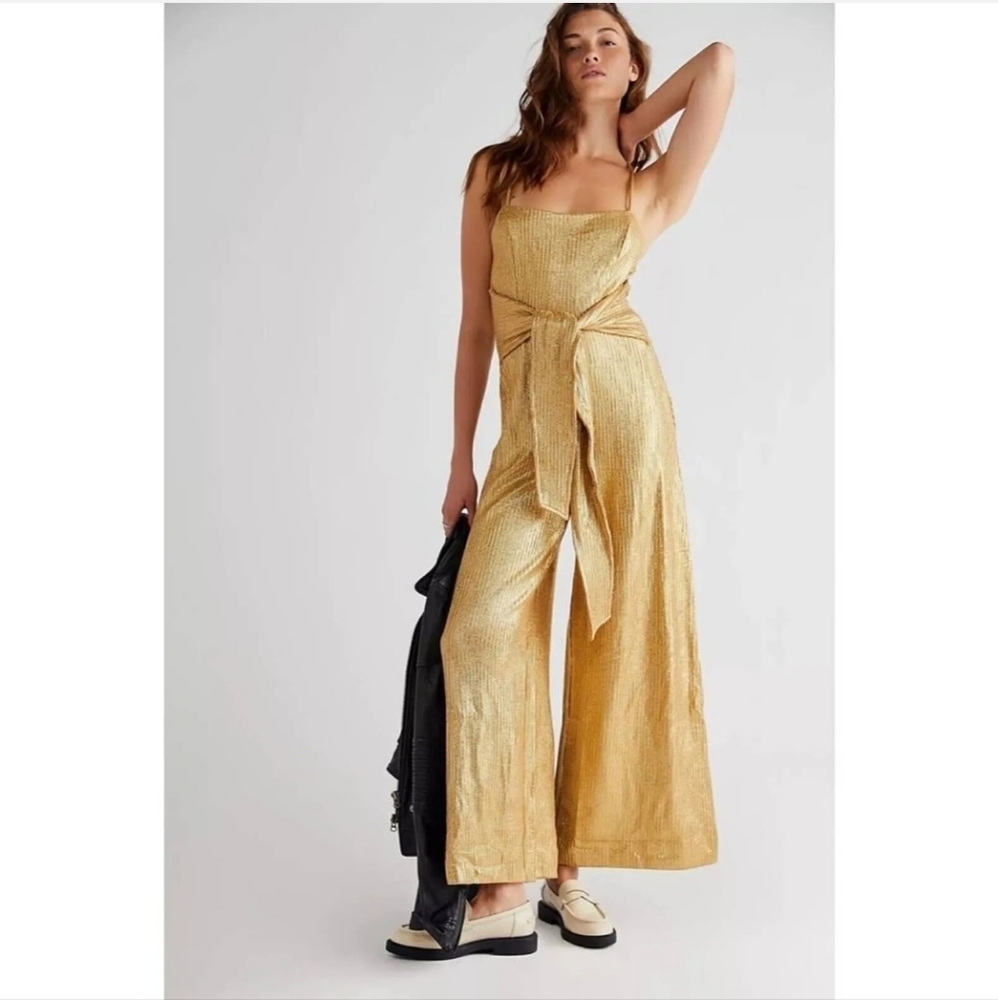 Free People Shimmer and Shine Metallic Bronze Jumpsuit Playsuit size XS
